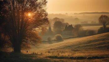 Tranquil autumn sunrise over rustic farm, beauty in nature architecture generated by AI photo