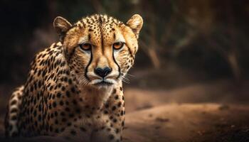 majestuoso africano leopardo curioso, belleza en naturaleza fauna silvestre reserva generado por ai foto