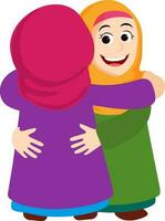 Cheerful muslim women hugging each other. vector