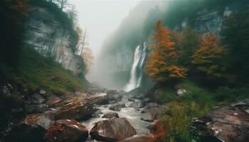 Tranquil scene of majestic mountain range, flowing water and natural beauty generated by AI photo