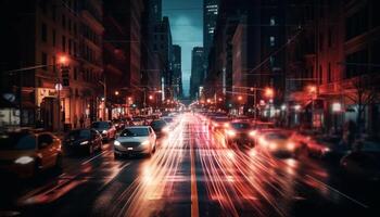 Driving through the crowded city at dusk, a blur of motion generated by AI photo