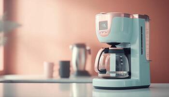 Fresh espresso prepared with modern metallic coffee maker in kitchen generated by AI photo