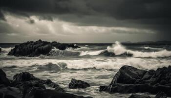 Dramatic sky over horizon, crashing waves on rocky coast generated by AI photo