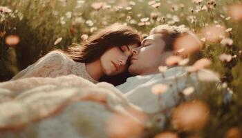 A married couple enjoying autumn, lying down and kissing passionately generated by AI photo