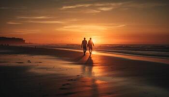 Romantic couple embraces at sunset, holding hands by the water generated by AI photo