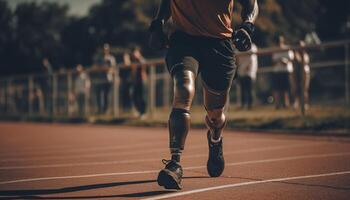 un determinado atleta con muscular construir Razas hacia victoria al aire libre generado por ai foto