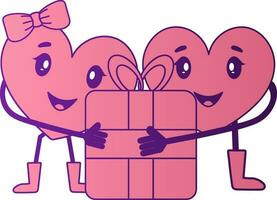 Cute Heart Couples Holding Gift Icon In Pink And Purple Color. vector