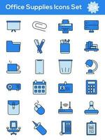 Blue Color Set of Office Supplies Icon In Flat Style. vector