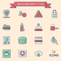 Green and Red 15 Data Security Icons on Peach Background. vector