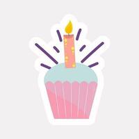 Isolated Burning Candle Cup Cake In Sticker Style. vector