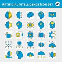 Set Of 25 Artificial Intelligence Icon Set In Blue And Yellow Color. vector