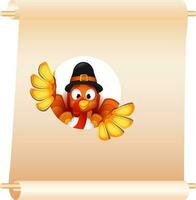 Turkey bird wearing pilgrim hat with blank scroll paper given for your message on white background. vector