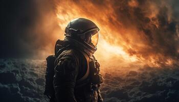 especial efectivo soldado en futurista uniforme ejerce rifle a puesta de sol generado por ai foto