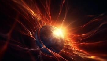 Glowing sphere orbiting planet, abstract natural phenomenon illuminated by sunlight generated by AI photo