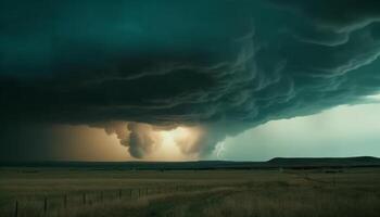 Dramatic sky over rural meadow, ominous storm cloud brings danger generated by AI photo