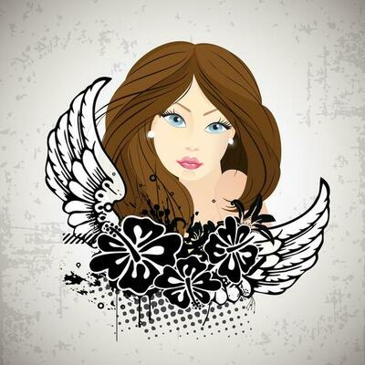 Happy Women's Day greeting card or background with portrait of a beautiful girl on floral decorative background.