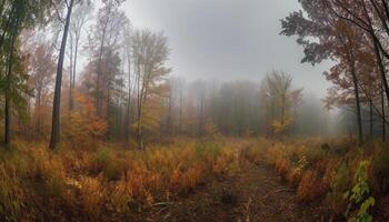 The foggy forest in autumn, a mysterious and tranquil scene generated by AI photo