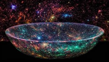 A glowing star bowl orbits the multi colored nebula galaxy generated by AI photo
