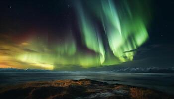 Majestic mountain range illuminated by aurora polaris in winter night generated by AI photo