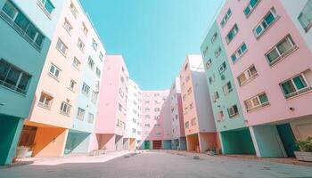 The modern skyscraper vibrant facade overlooks the green suburban footpath generated by AI photo