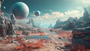 Futuristic spaceship orbits alien planet in galaxy mysterious atmosphere generated by AI photo