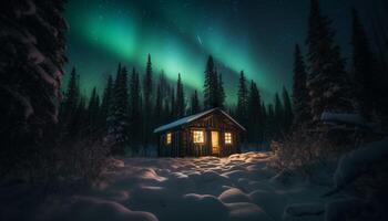 In the frozen night, the dark winter snow illuminates nature forest generated by AI photo