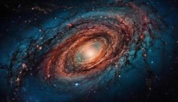 Abstract galaxy spiral orbits in deep space, glowing with starlight generated by AI photo