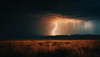 Dramatic sky, forked lightning, danger nature power supply in motion generated by AI photo