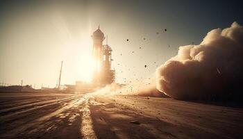 Sunset over the construction site, heavy machinery pollutes environment generated by AI photo