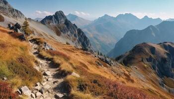 Majestic mountain peak at sunrise, a panoramic beauty in nature generated by AI photo