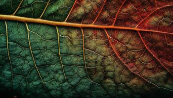 Vibrant autumn leaf with intricate fractal pattern on black background generated by AI photo