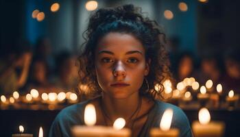 uno joven mujer iluminado por luz de una vela, mirando sereno y relajado generado por ai foto