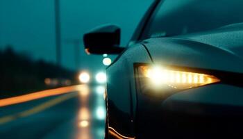 Deportes coche velocidades mediante tráfico en múltiple carril autopista a oscuridad generado por ai foto