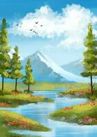 hand painted sunny landscape with mountains in the background impressionist style vector