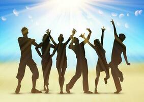 silhouettes of people dancing on a beach themed background vector