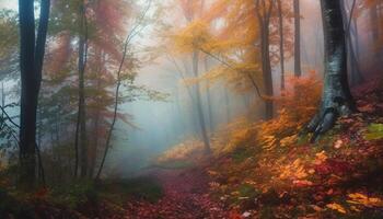 A foggy autumn morning, tranquil scene, wet leaves on ground generated by AI photo