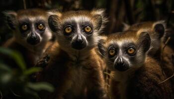 en peligro de extinción anillo cola lémur miradas a cámara en africano bosque generado por ai foto