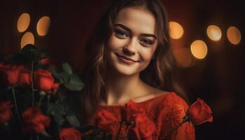 One young woman, smiling and looking at camera with elegance generated by AI photo