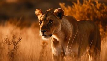 majestuoso leona ocultación en el césped, vigilancia en su ojos generado por ai foto