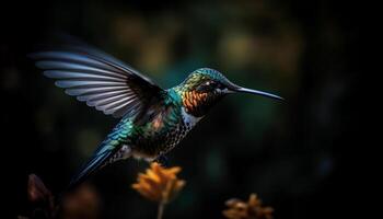 vibrante colibrí flota medio aire, polinizando flores en tropical bosque generado por ai foto