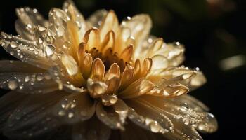 Fresh dew drops on yellow gerbera daisy in formal garden generated by AI photo