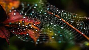 Autumn dew drops on spider web, nature intricate design generated by AI photo