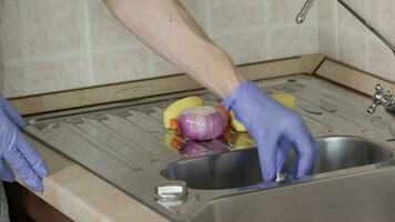 mujer pone vegetales en el lavabo compartimiento y llena eso arriba con agua. video