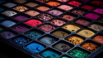 Vibrant colors in beauty palette create glamorous eye shadow variations generated by AI photo