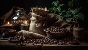 Rustic burlap sack holds fresh coffee beans for aromatic drink generated by AI photo