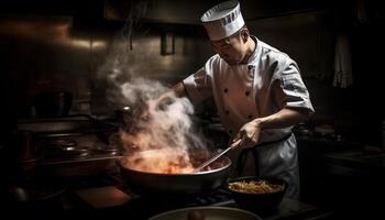 One skilled chef prepares gourmet meal in commercial kitchen, smiling generated by AI photo