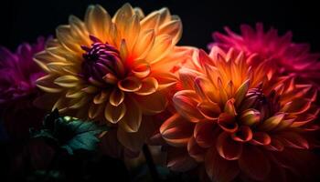 Vibrant bouquet of multi colored dahlias, chrysanthemums, and gerbera daisies generated by AI photo