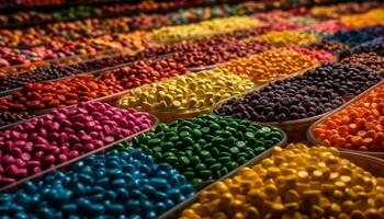 A colorful collection of candy in a row, no people generated by AI photo