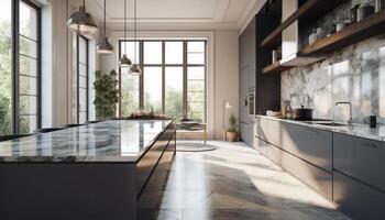 Modern kitchen design marble island, steel appliances, bright and comfortable generated by AI photo