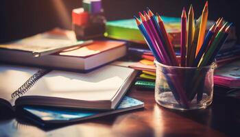 Colorful books on wooden shelf, a creative childhood library arrangement generated by AI photo